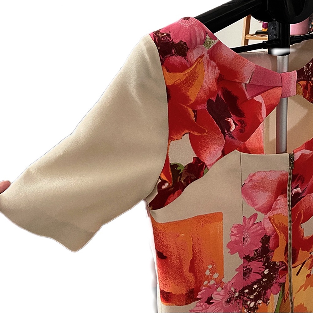 Gabby Skye Pink, Cream & Orange Abstract Floral Shift Sheath Dress with Pockets - Picture 8 of 14